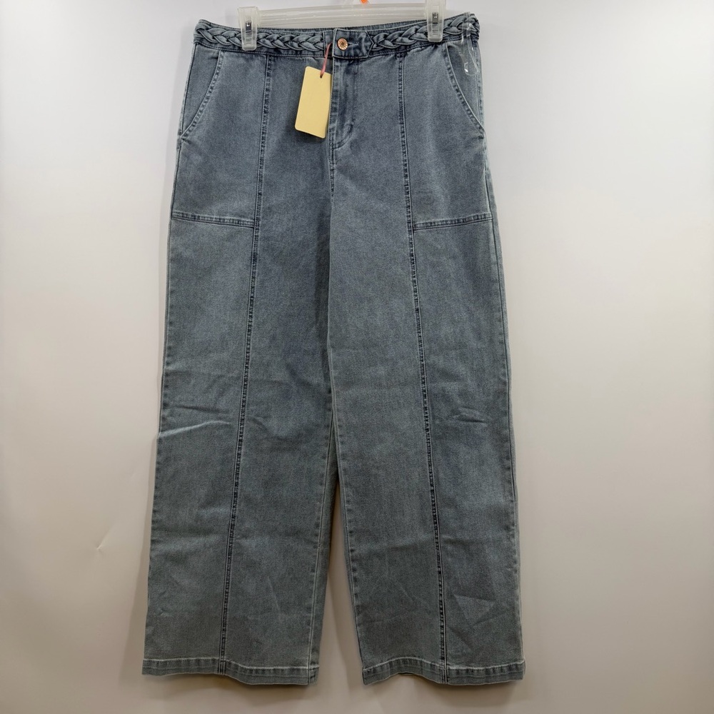 Entro Braided Waist Wide Leg Crop Jeans Light Wash Denim Boho Women’s L NWT